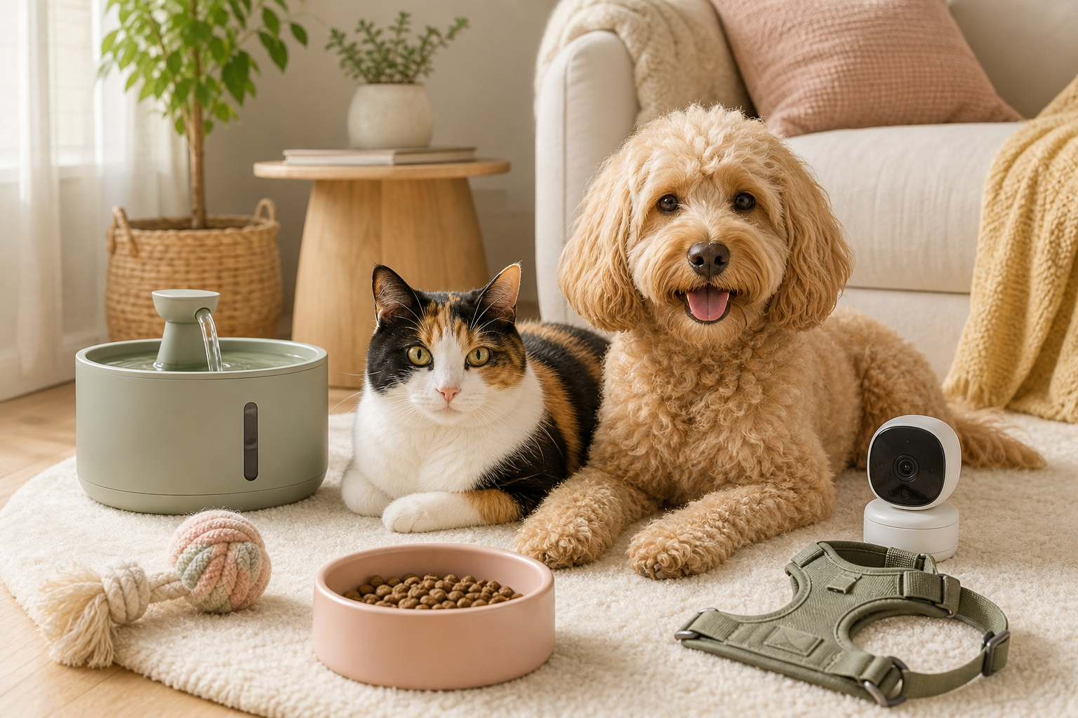 A cat and dog relaxing at home with thoughtfully designed pet essentials